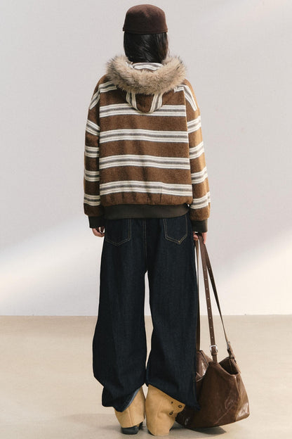 Detachable Fur Collar Striped Jacket