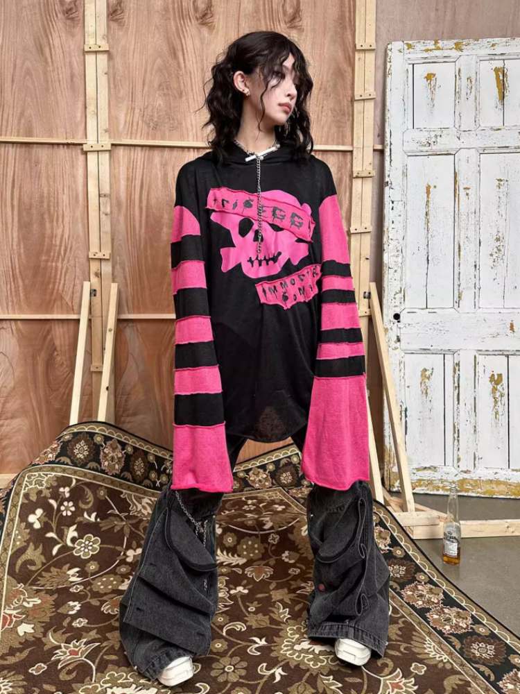 Rock Punk Skull Print Striped Sleeve Hoodie