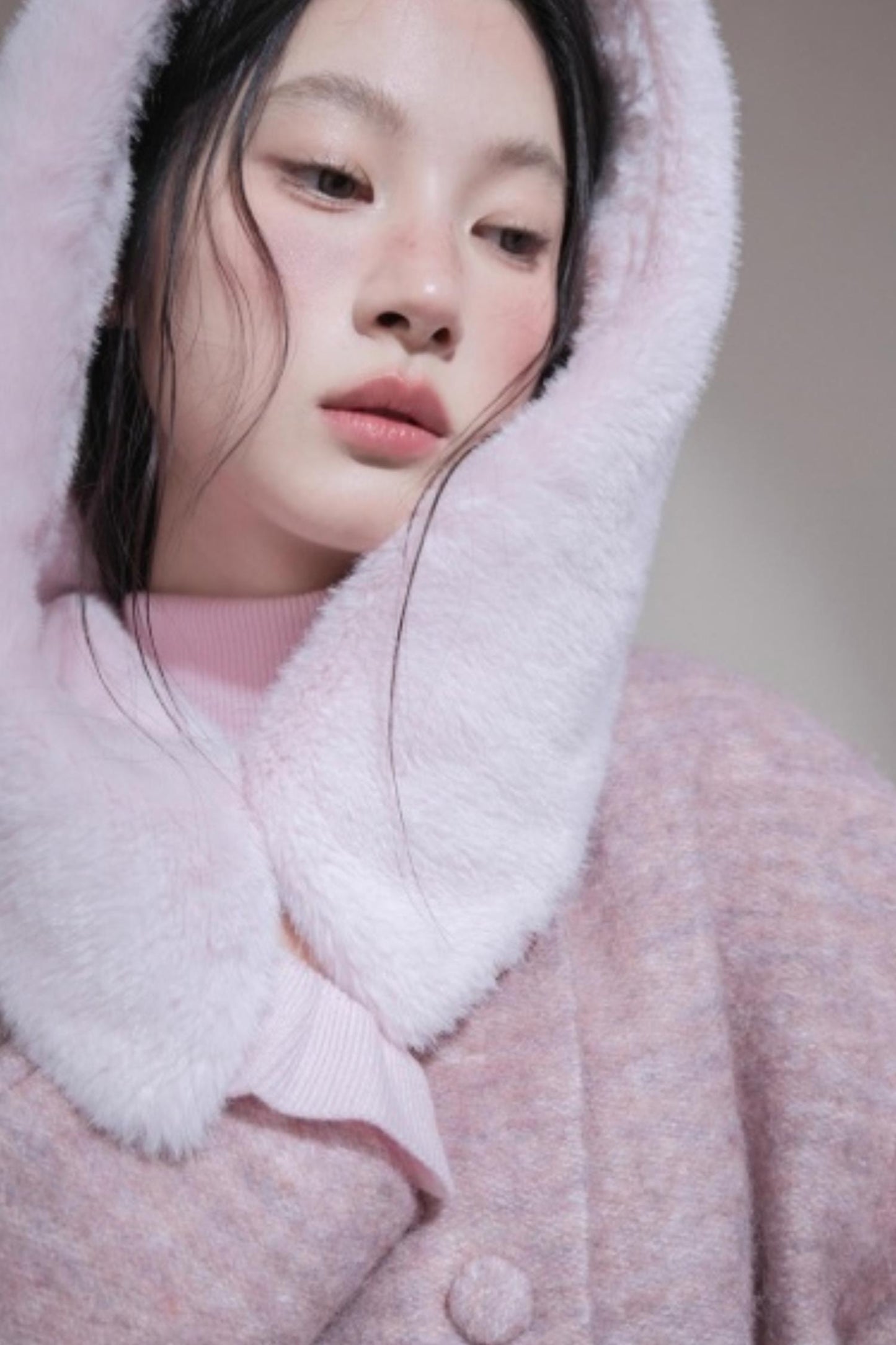 Cream Pink Quilted Woolen Coat