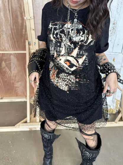 Batik Skull Print Fake Two Piece Mesh Punk Tee