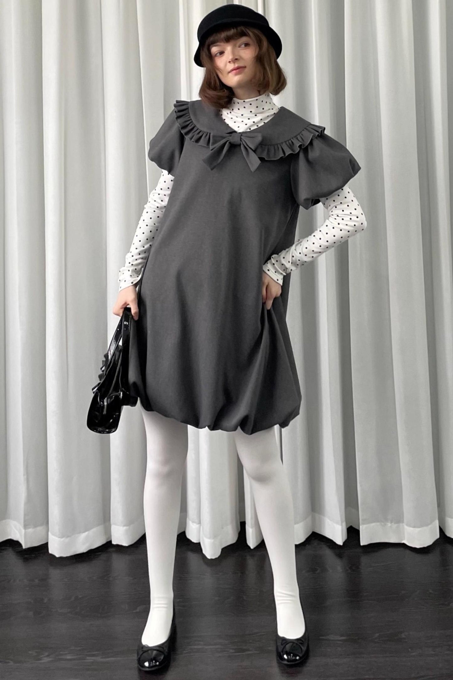 Gray Tweed Bow Lace Puff Sleeve Dress