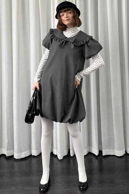 Gray Tweed Bow Lace Puff Sleeve Dress