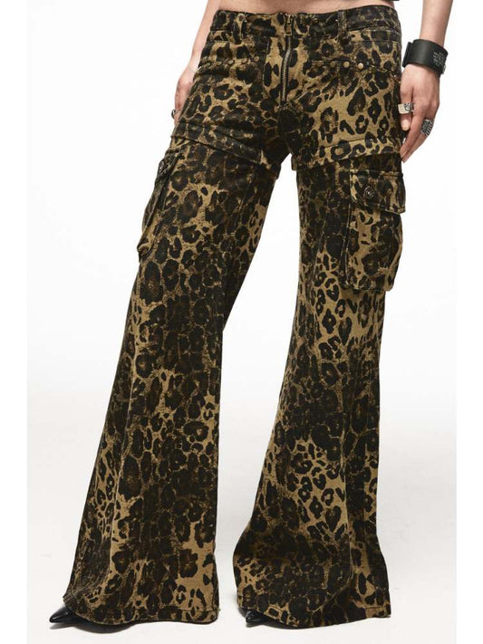 2-way Leopard Pattern Low Rise Studs Flare Jeans