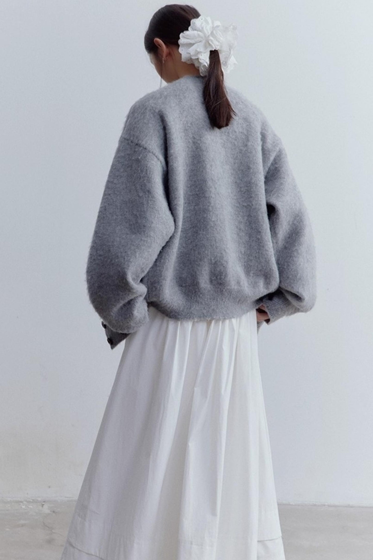 Misty Gray V-Neck Mohair Cardigan Coat