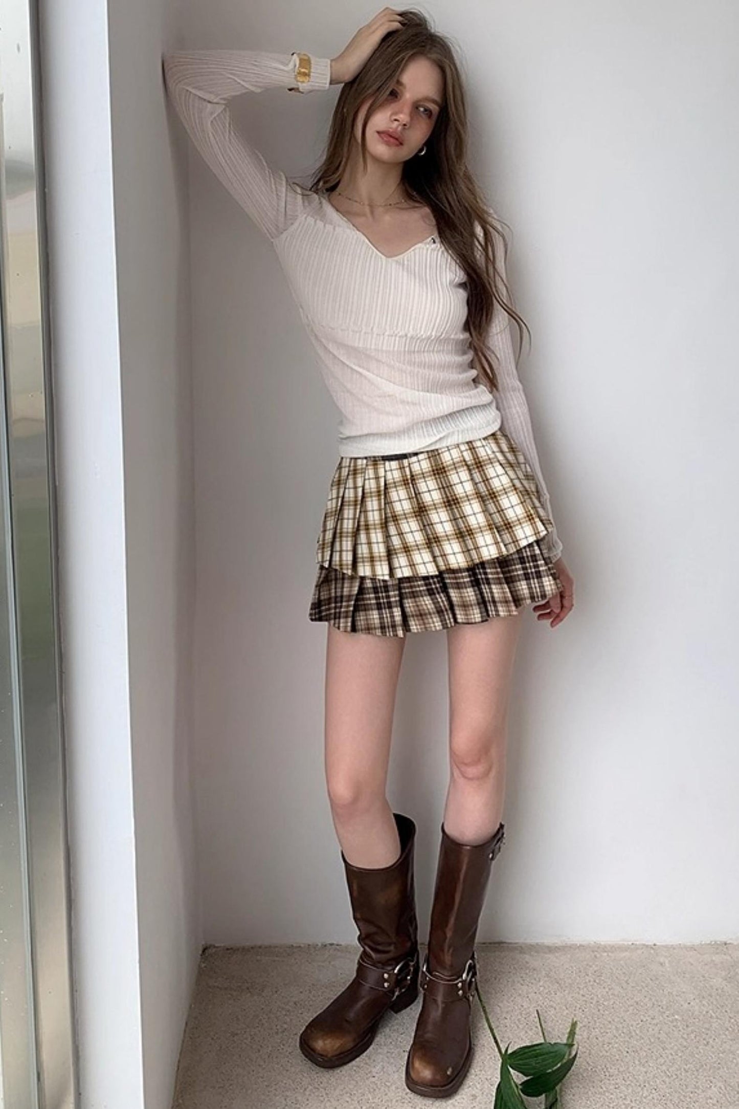 Plaid Splicing Pleated Skirt