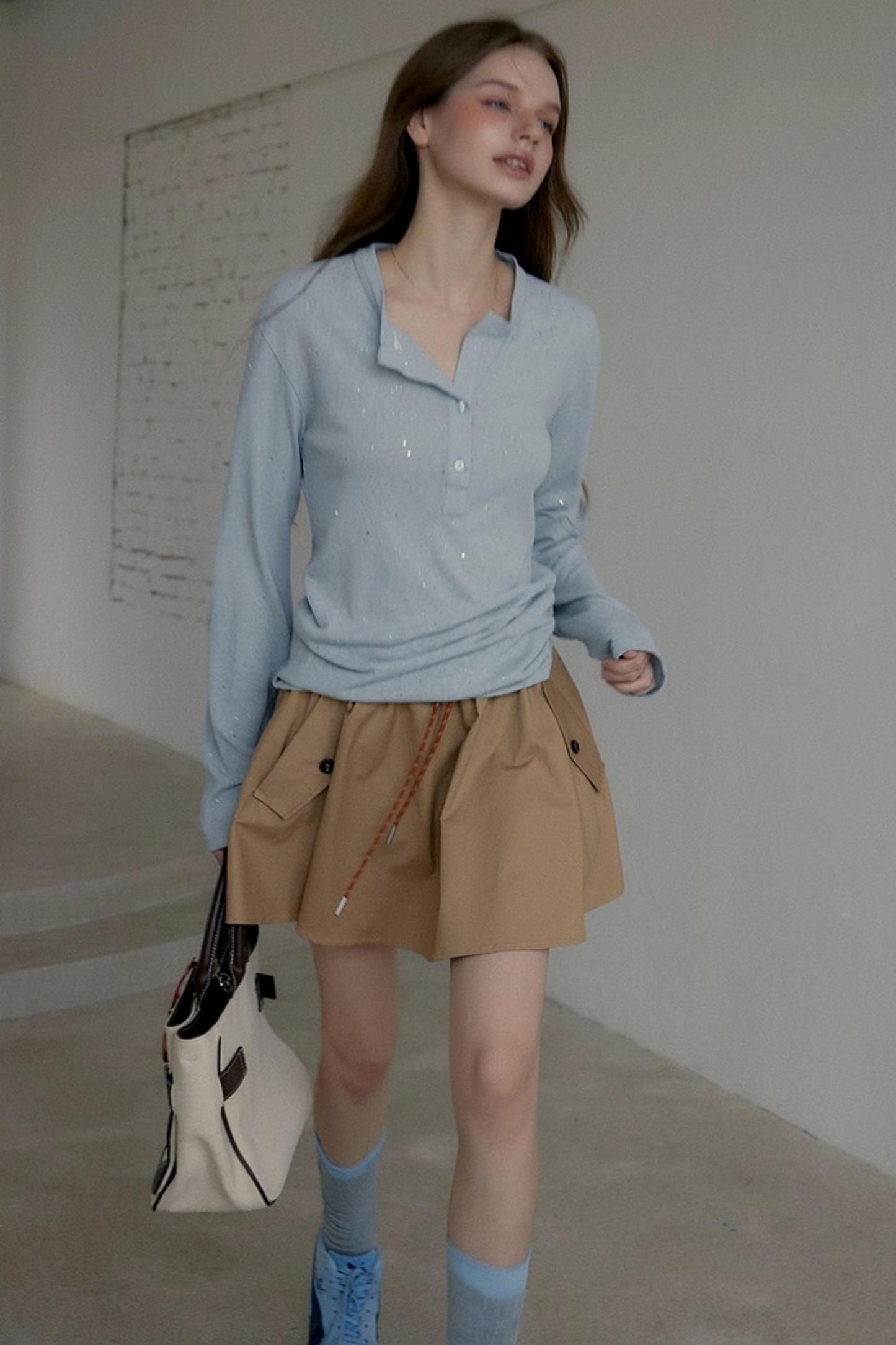 Henry Collar Design Loose Sequin T-shirt