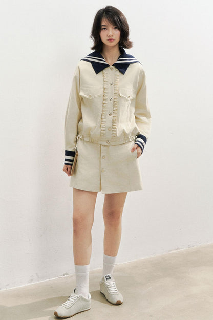 Beige Navy Collar Jacket Set-Up