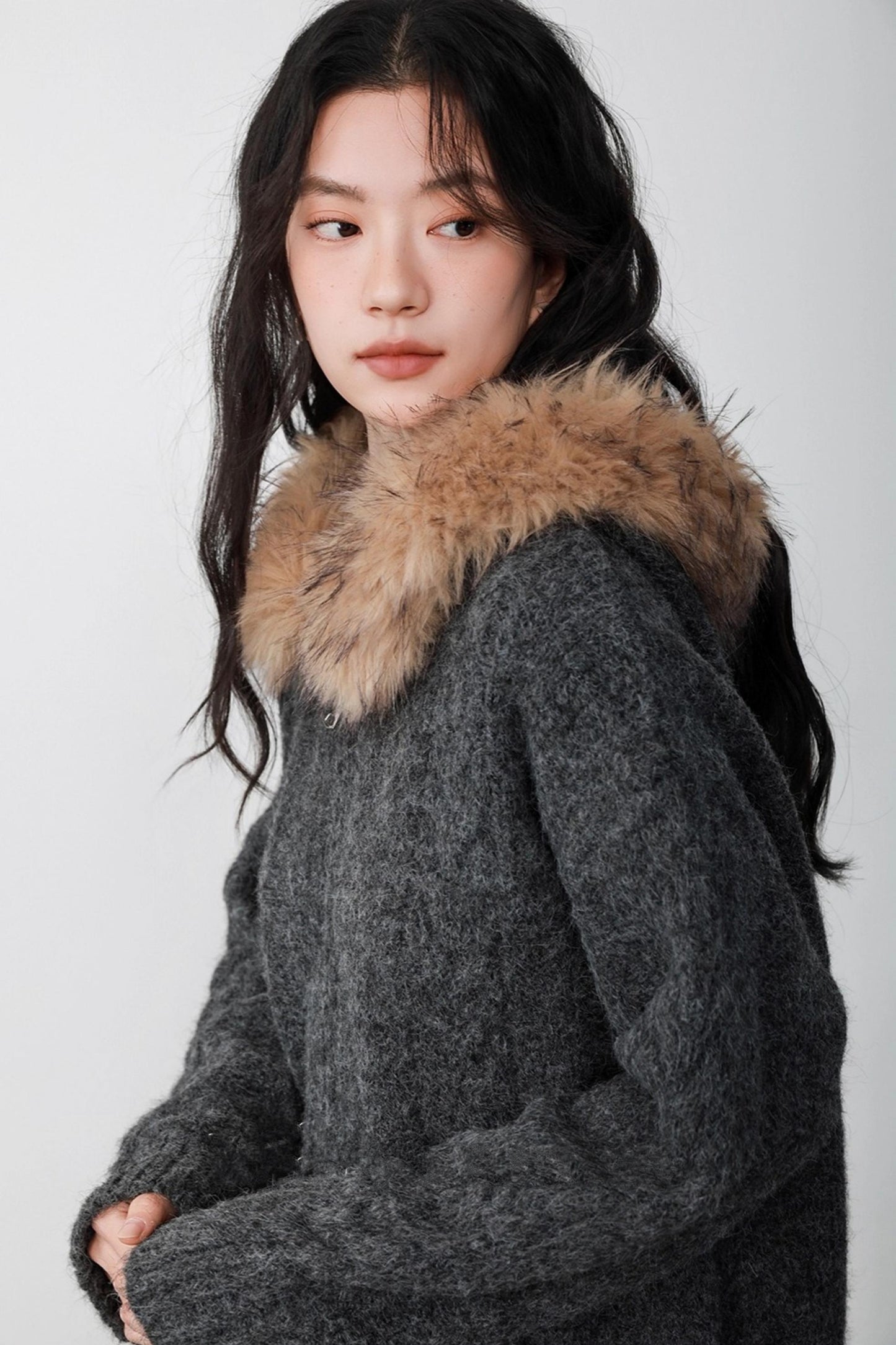 Fog Gray Fur Collar Hooded Jacket