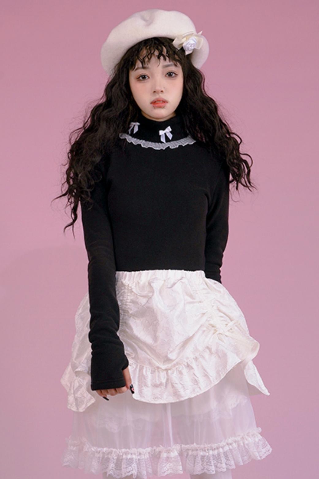 Solid Color Bow Lace Turtleneck Shirt