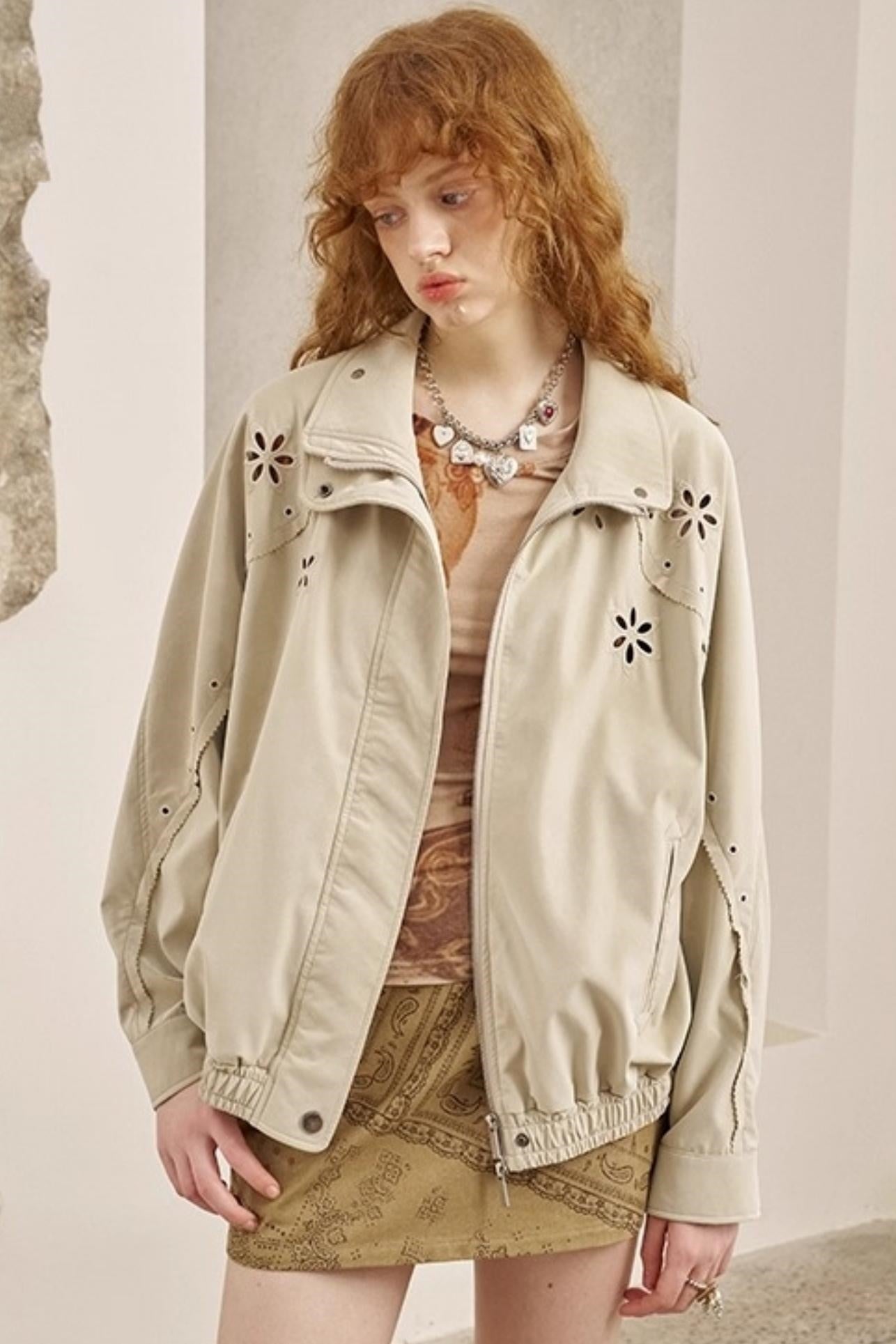 Embroidered Stand Leather Jacket