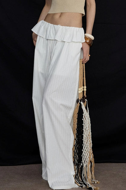 White Lace Drawstring Wide-Leg Pants