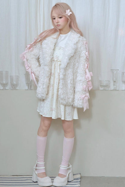 White Satin Bow Lamb Fur Coat