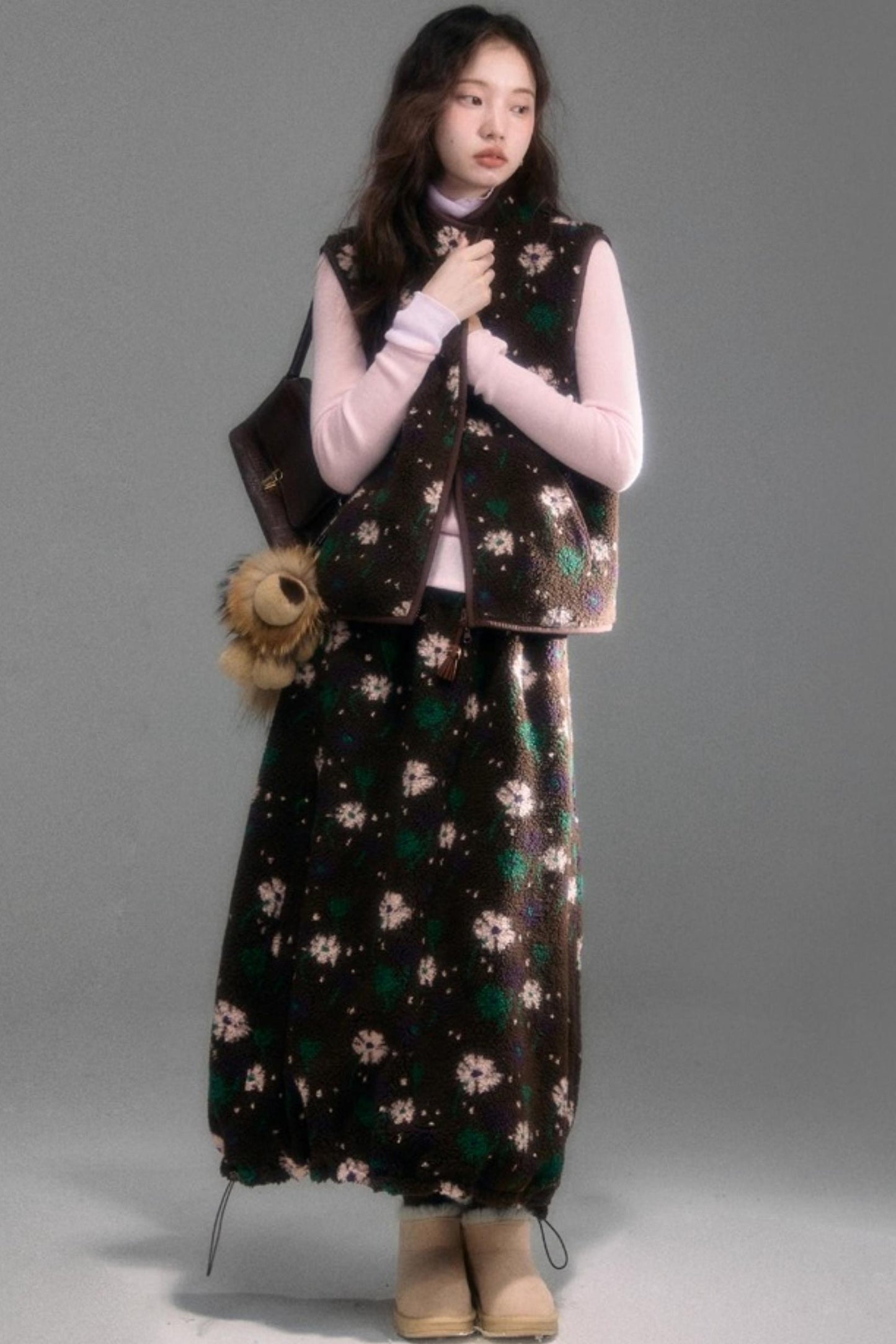 Floral Faux Lamb Wool Vest Jacket Set-Up