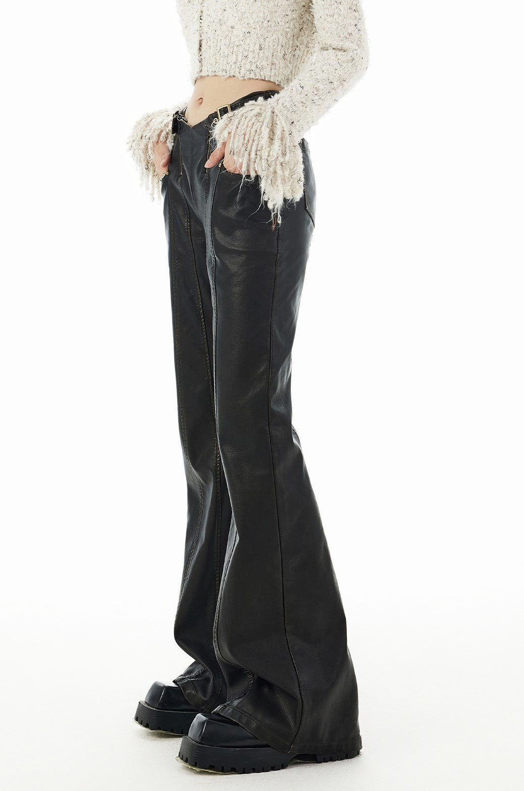 Hem design flared leather pants