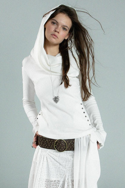 Hooded One-Shoulder Knitted Top