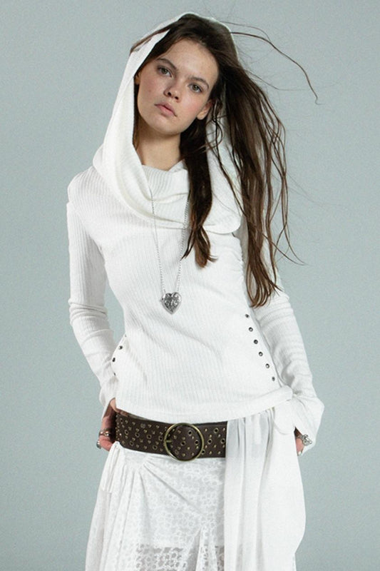 Hooded One-Shoulder Knitted Top