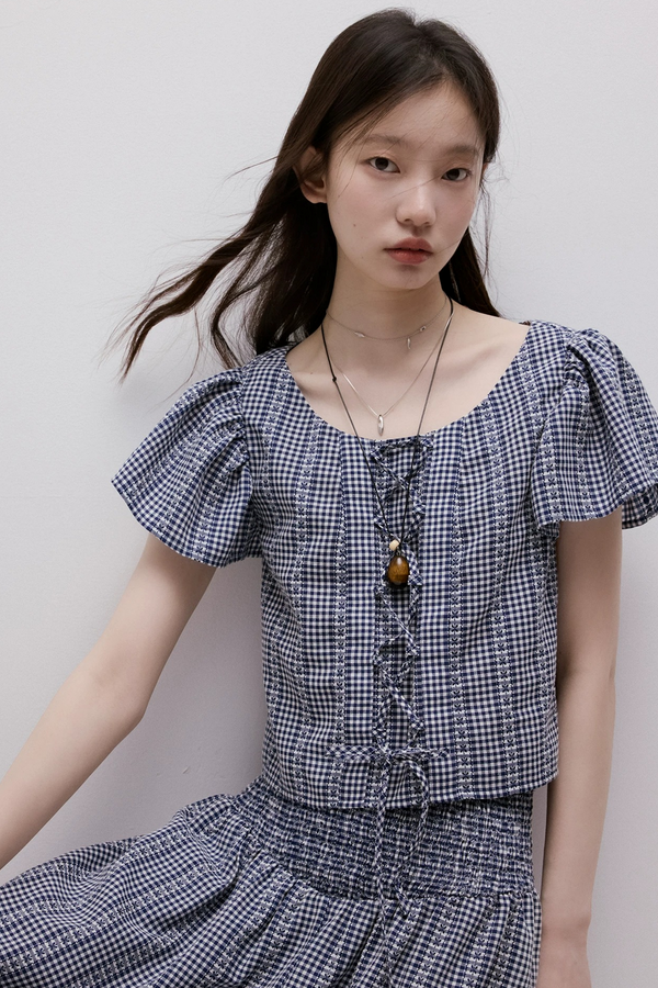 Blue Gingham Lace-Up Top
