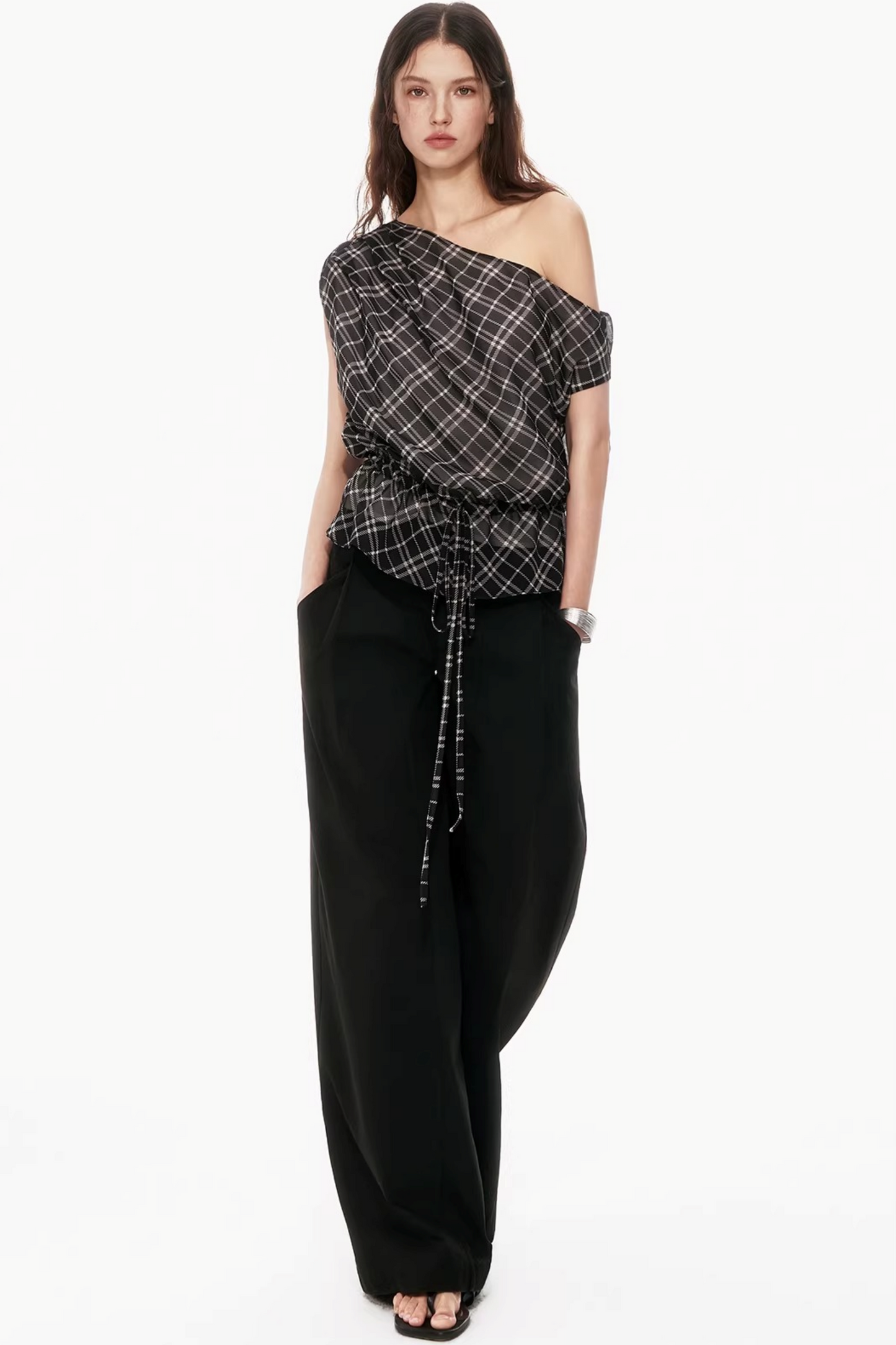Plaid Asymmetrical Off-Shoulder Top