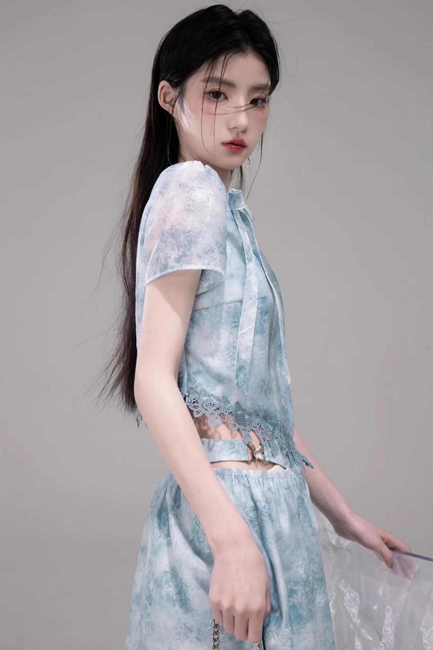 Blue Bow-Collar Shirt & Cutout Skirt Set