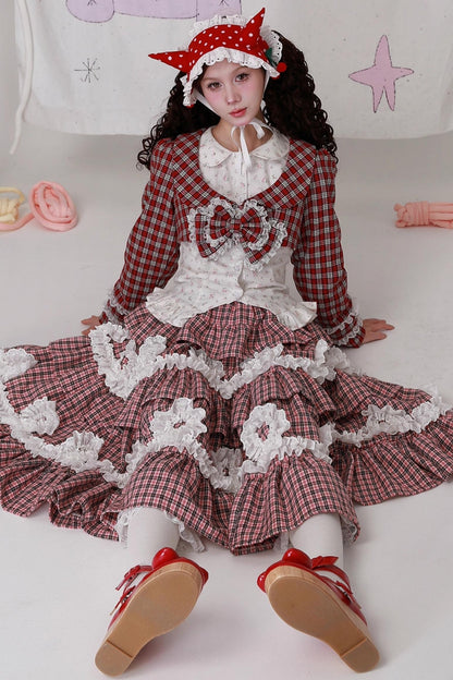 Christmas Red Checkered Bow Short Jacket