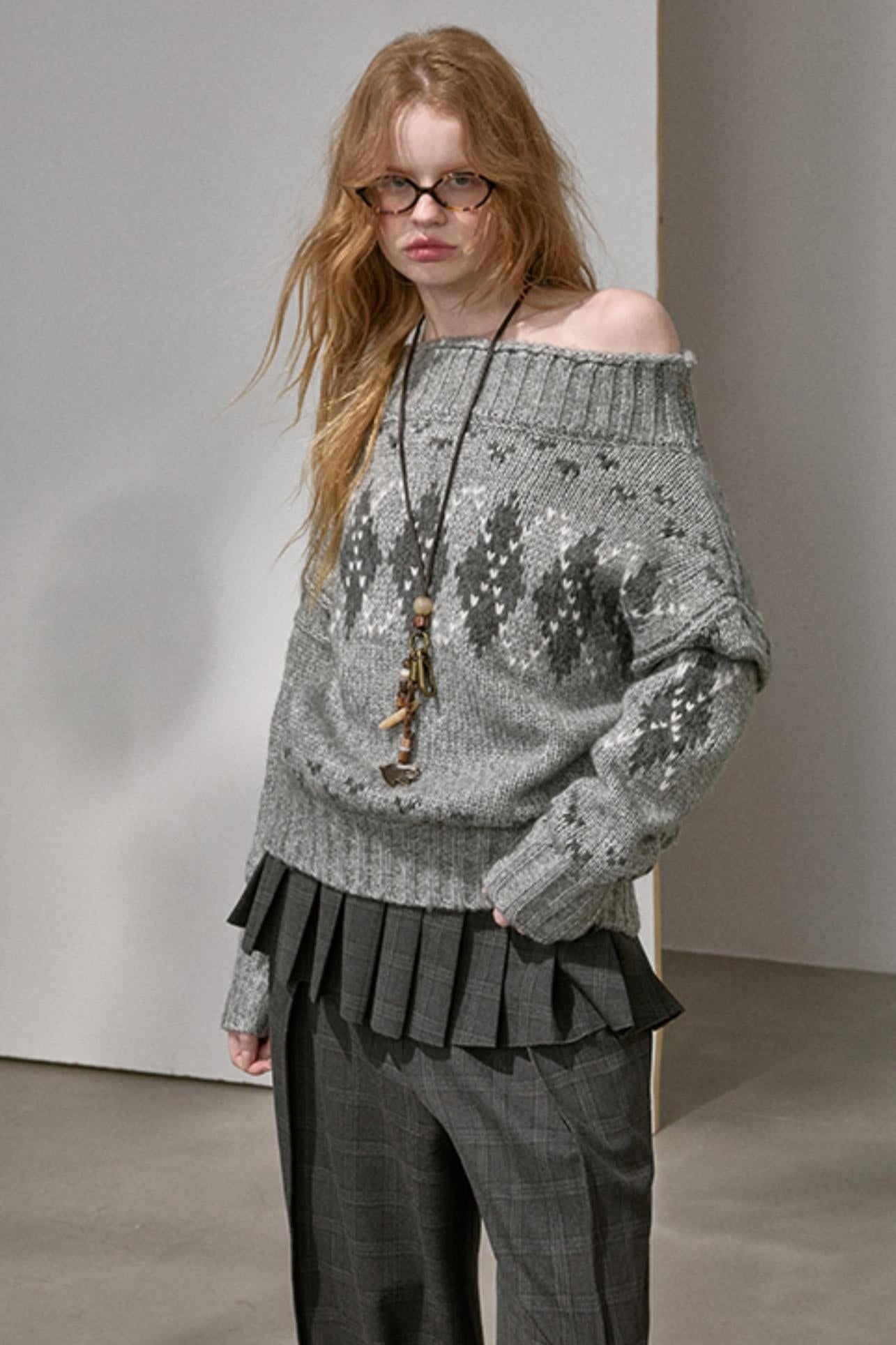 Thick Knit Argyle Off-Shoulder Top