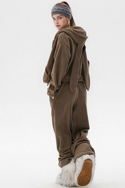 Khaki Fleece Bunny Ear Cardigan Set-Up