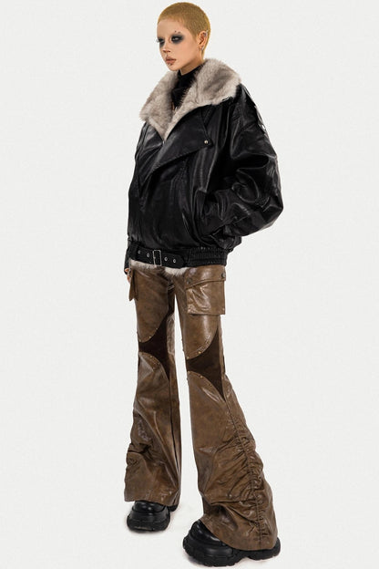 Thickened Pu Leather Fur Collar Jacket