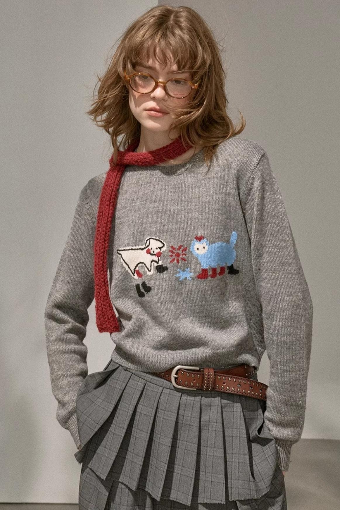 Kitten And Puppy Embroidered Wool Blend Knit Sweater