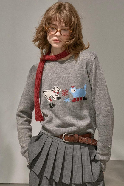 Kitten And Puppy Embroidered Wool Blend Knit Sweater