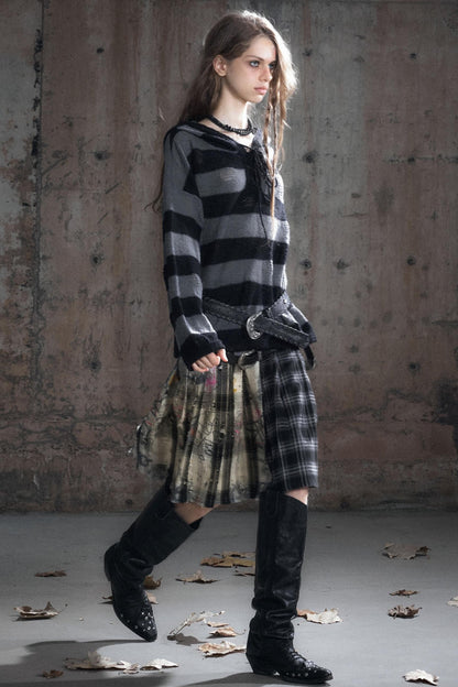 Leather Waist Plaid Pleated Skirt