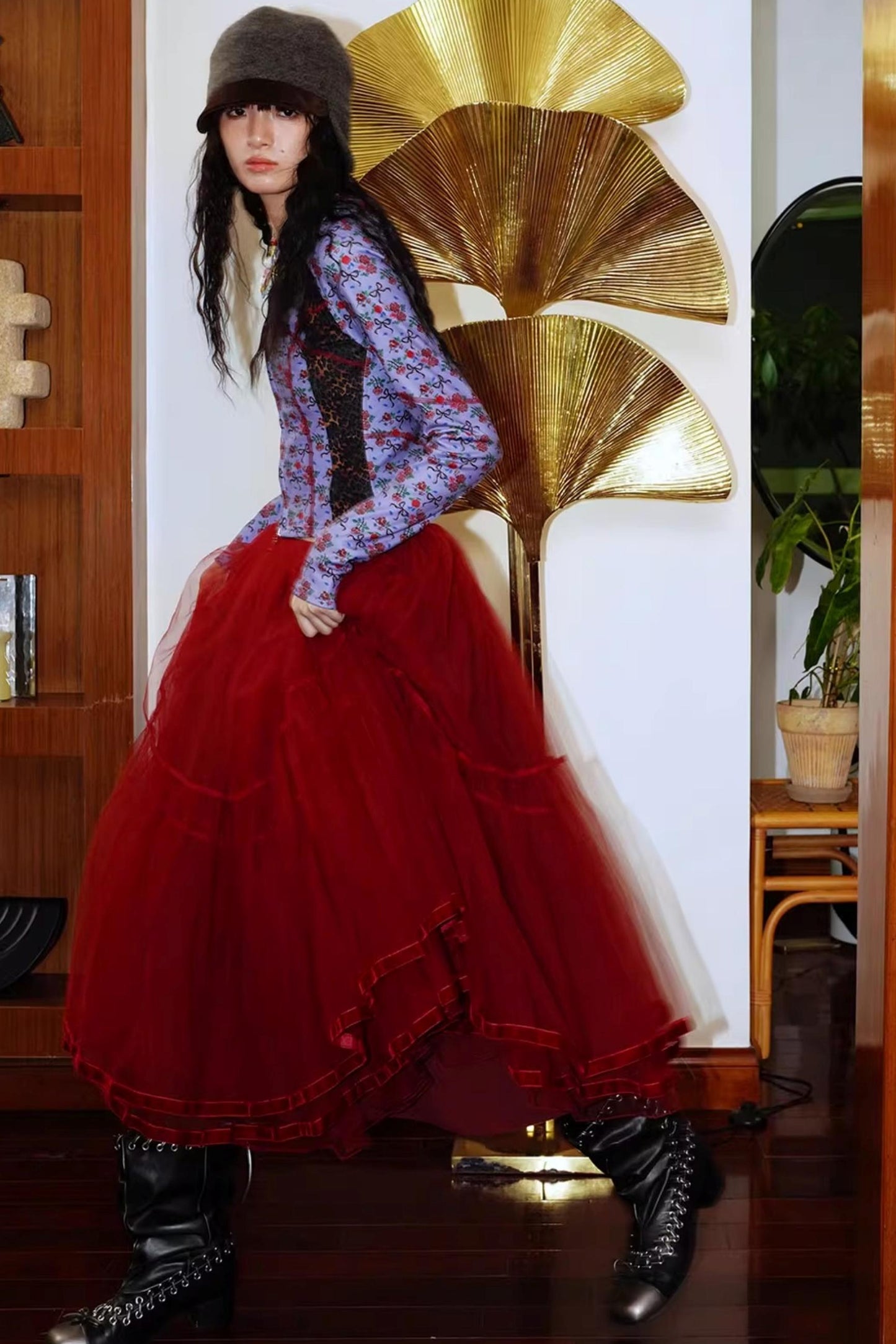 Autumn Mesh Puffy Long Skirt