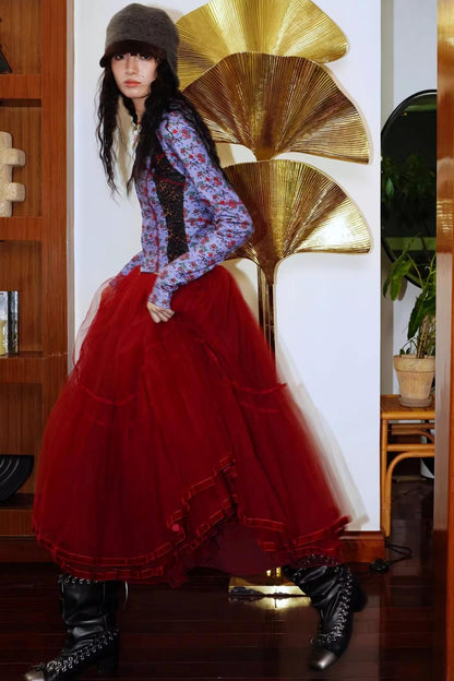 Autumn Mesh Puffy Long Skirt