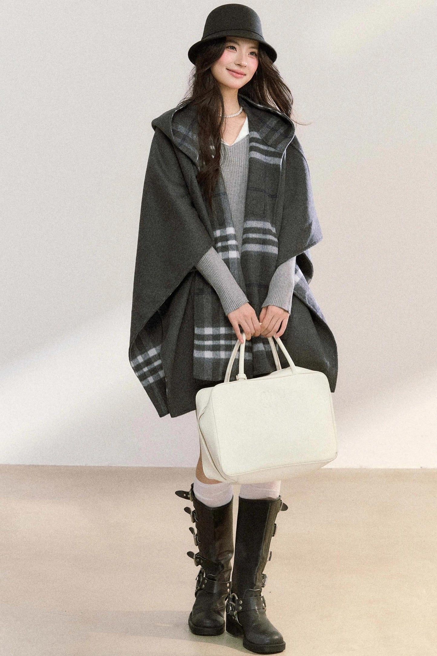 Gray Plaid Reversible Wool Cape Coat
