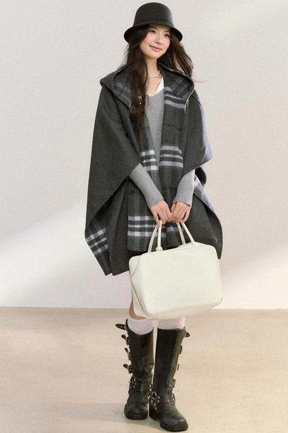 Gray Plaid Reversible Wool Cape Coat