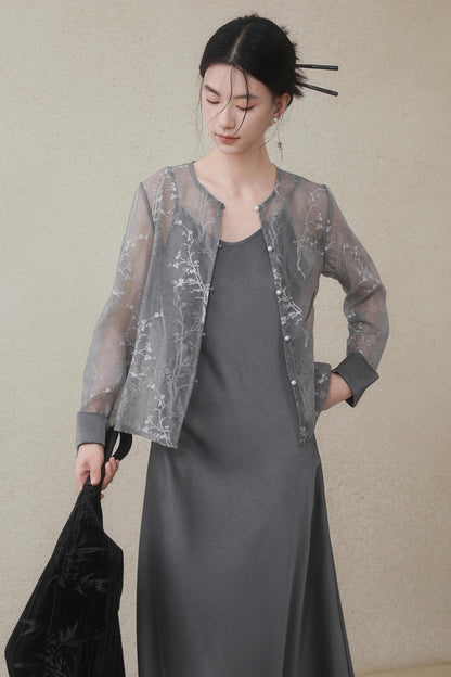 Plum Blossom Cardigan & Satin Dress Set