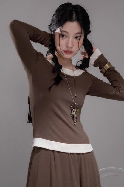 Collar Contrasting Knitted Top & Skirt Set