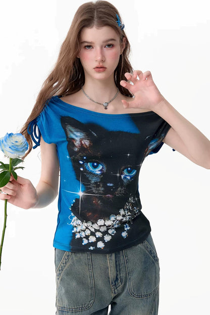 Blue Cat Print Short-Sleeved T-Shirt