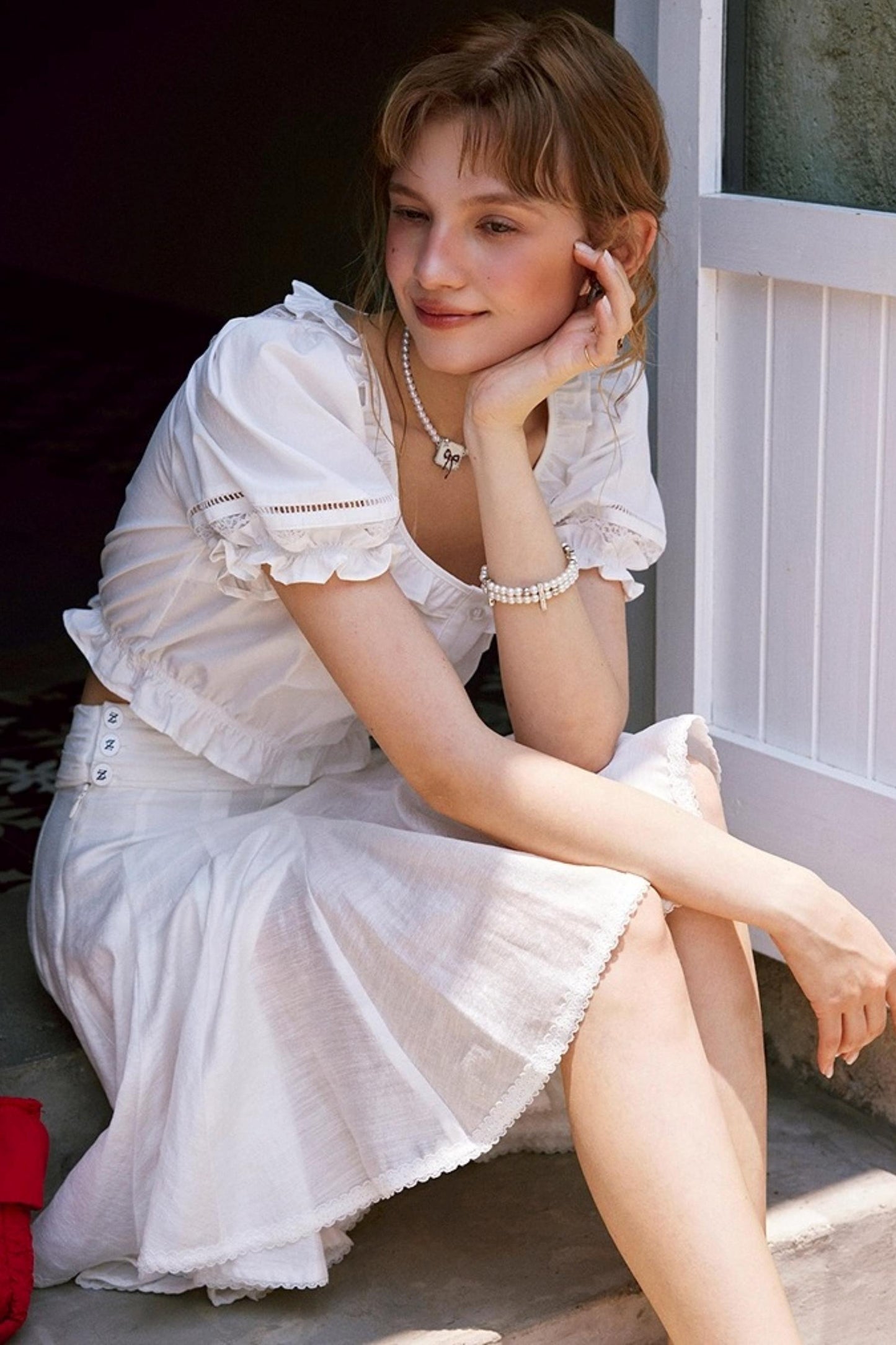 White Lace Square Collar Puff Sleeve Shirt