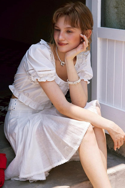 White Lace Square Collar Puff Sleeve Shirt