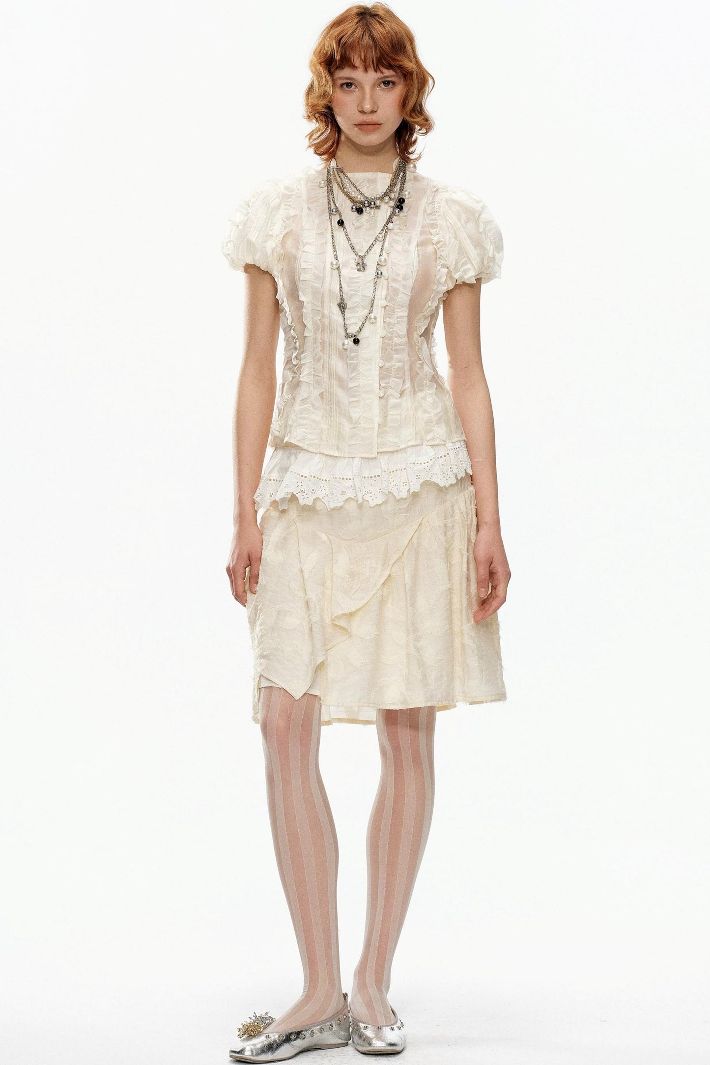 Beige Jacquard Puff Sleeve Blouse
