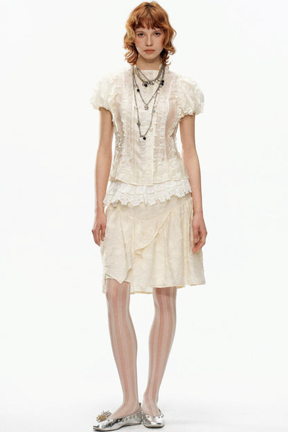 Beige Jacquard Puff Sleeve Blouse