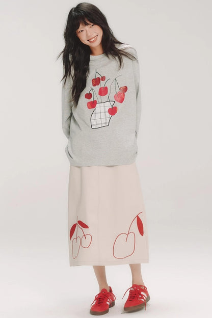 Red Cherry Embroidered Midi Skirt