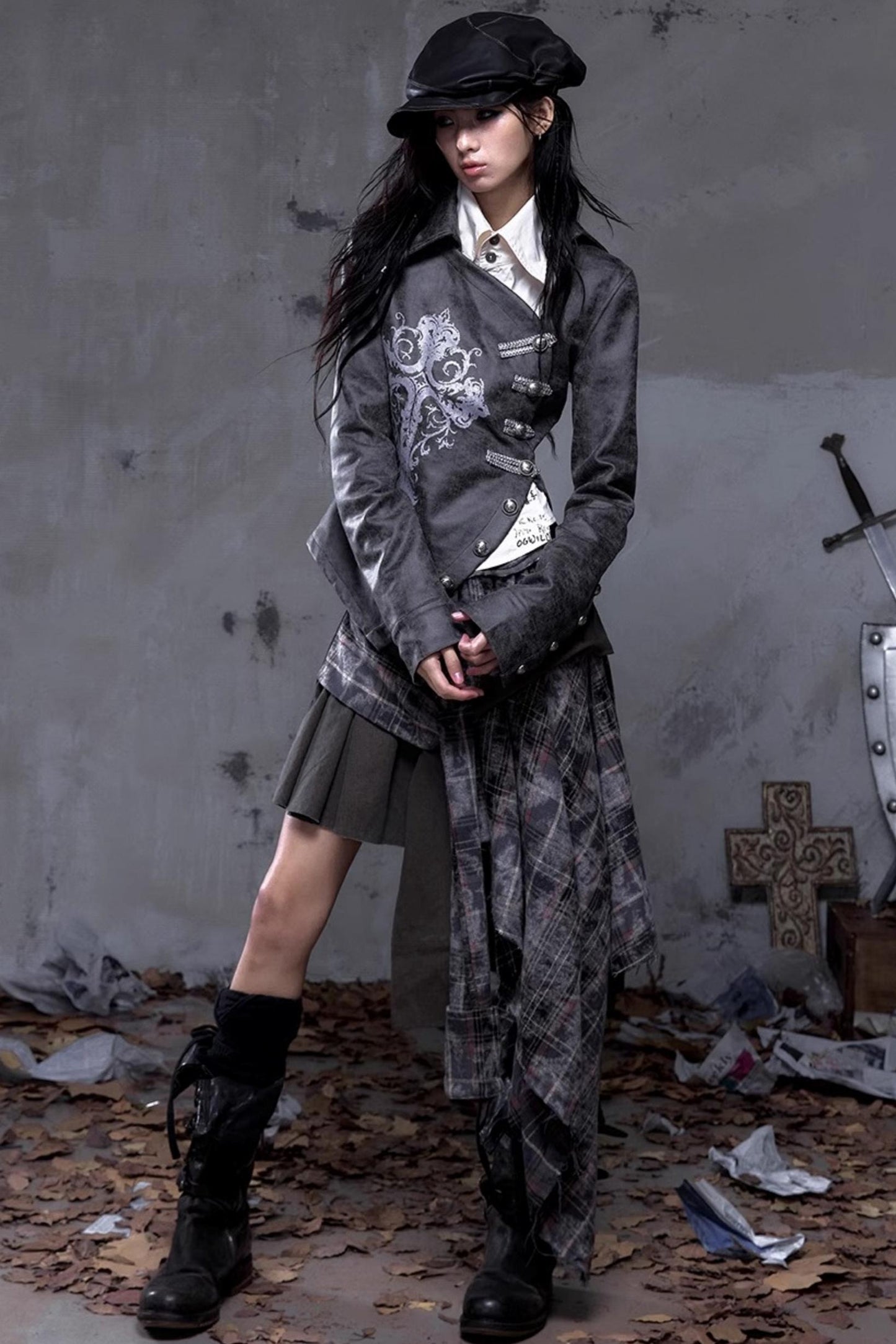 Vintage Slanted Placket Printed Leather Shirt