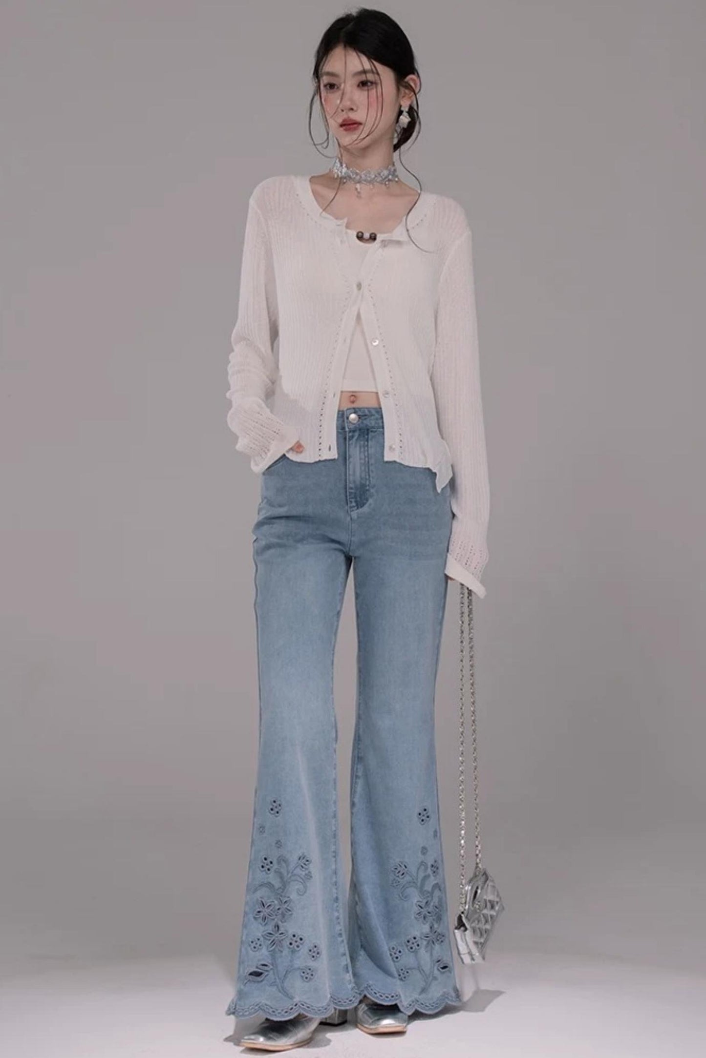 Laser Embroidery Denim Pants