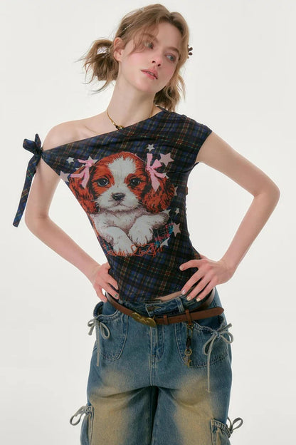 Star Dream Off-Shoulder Plaid T-Shirt