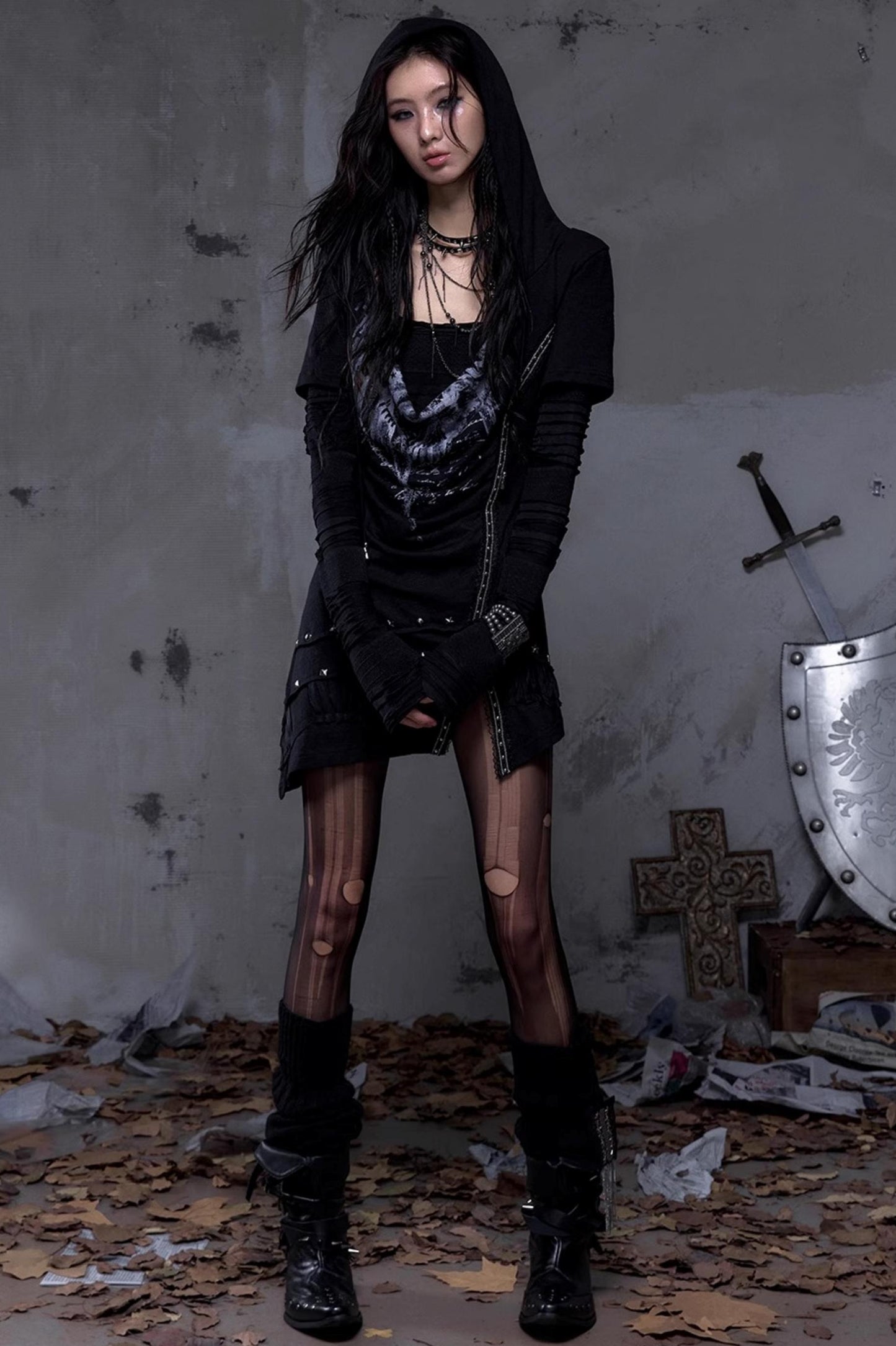 Rock Swing Collar Print Long Sleeve Dress