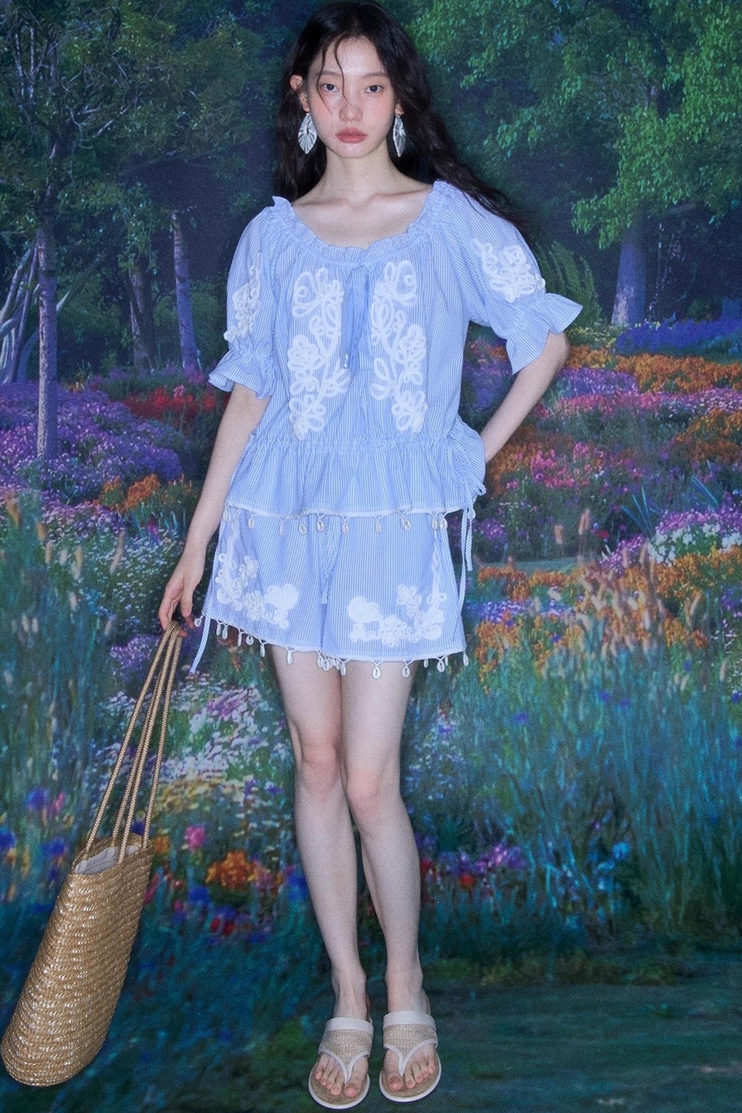 Island Flower Vine Striped Short Sleeve Top Shorts Set-Up