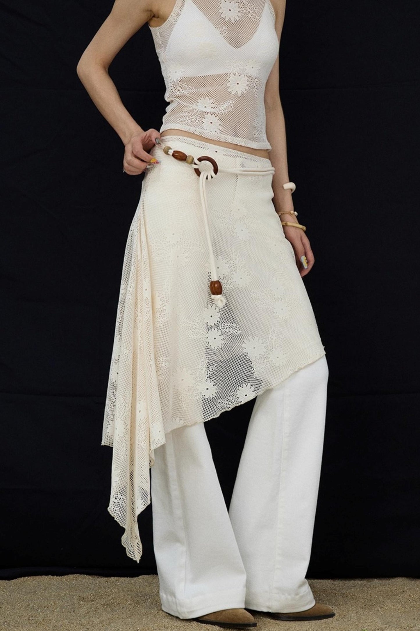 Jacquard Lace-Up Layered Skirt Set-Up