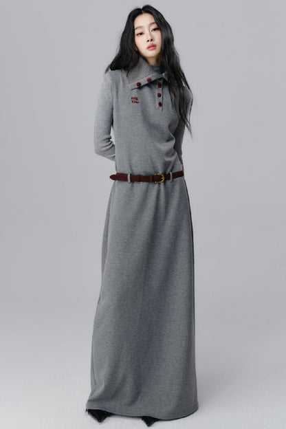 Polo Neck Gray Long Dress Set-up