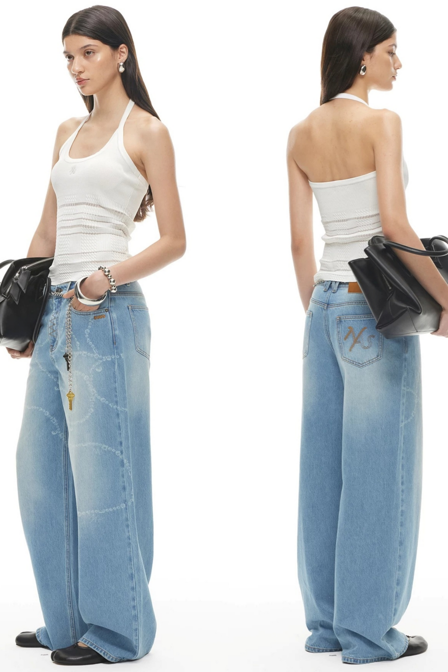 Wide-Leg Diamond Chain Jeans
